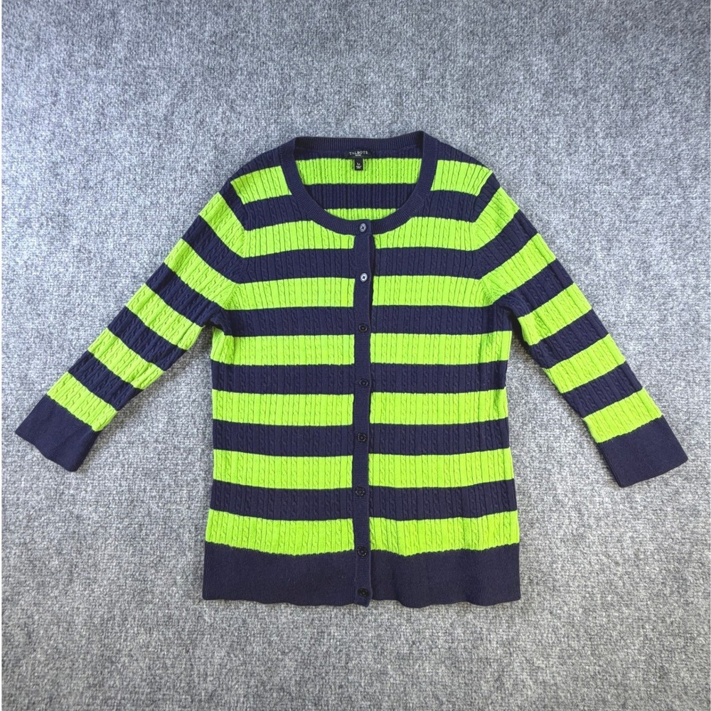 Cable Knit Striped Button Front Cardigan Y2K Talbots LP Navy Lime Green